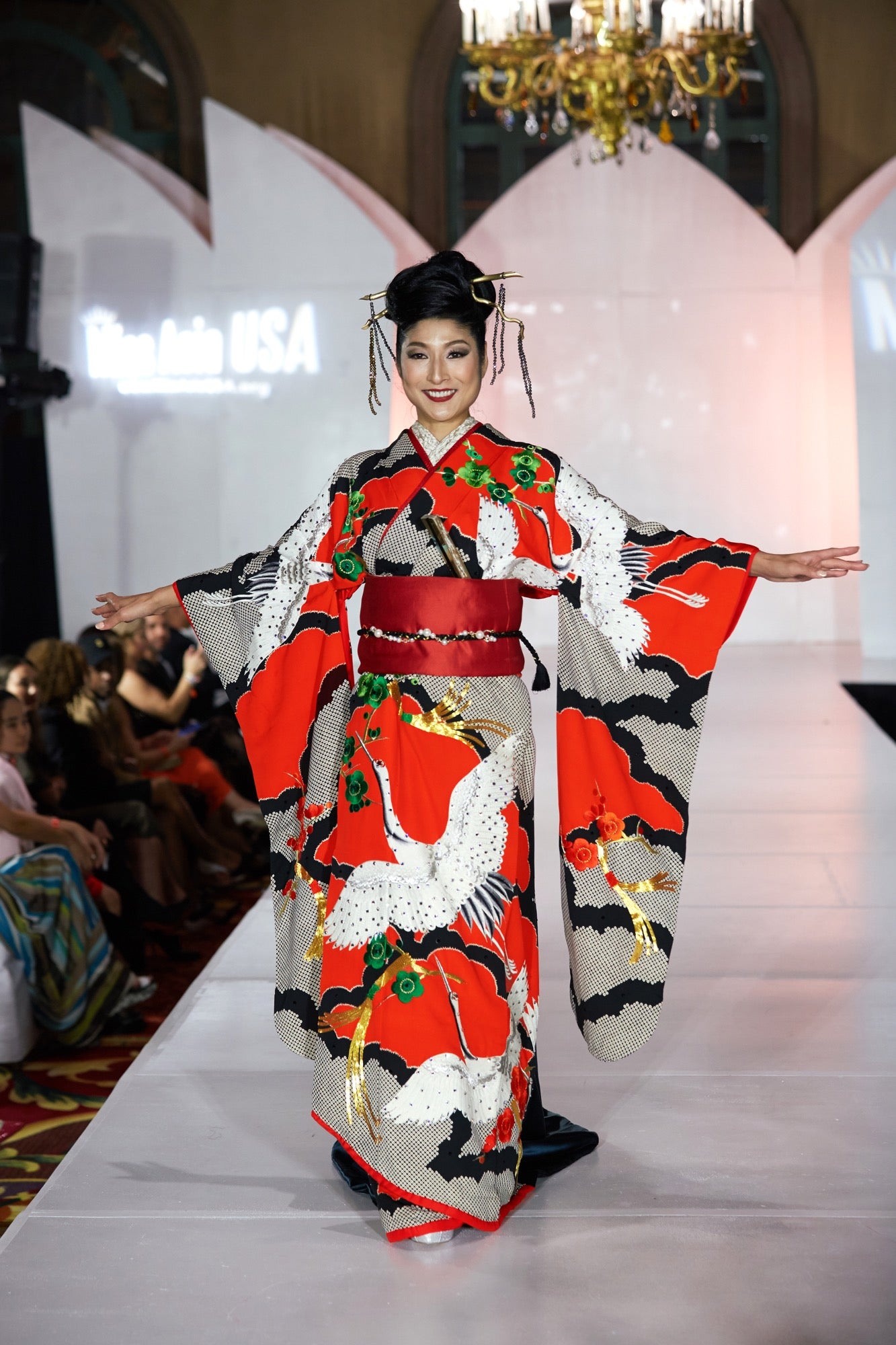 Red Crane Silk Kimono Gown