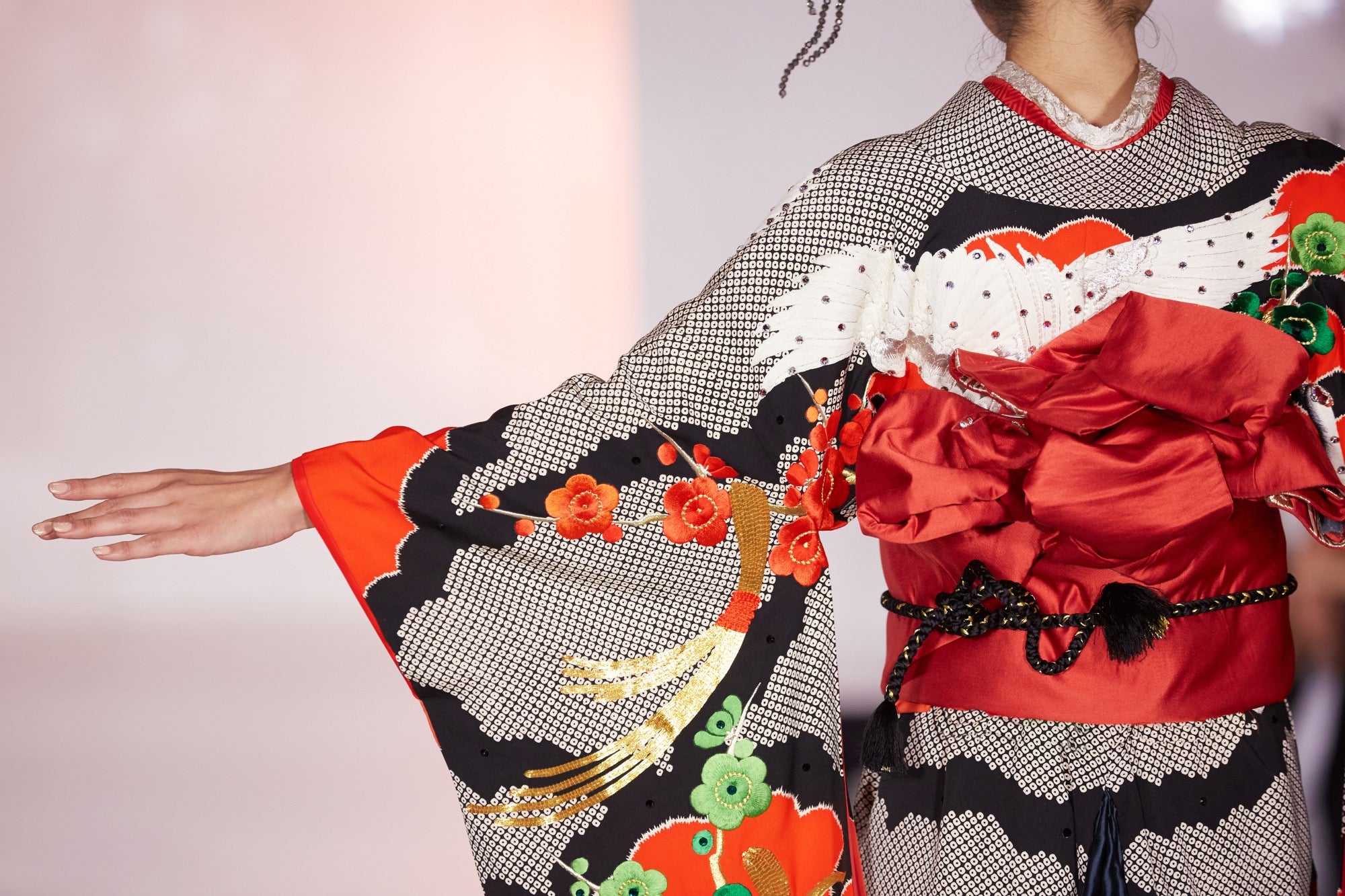 Red Crane Silk Kimono Gown